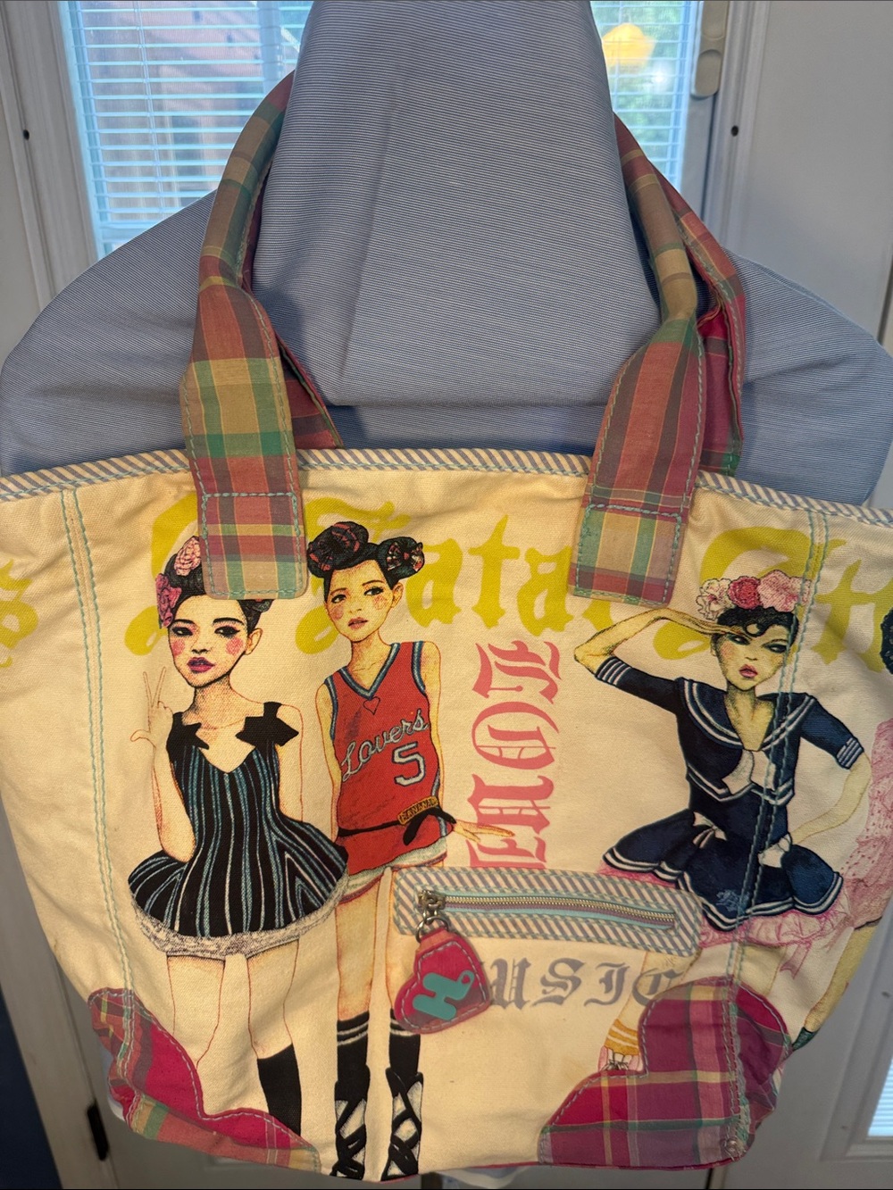 Cream Graphic Canvas Tote Bag with Plaid Handles